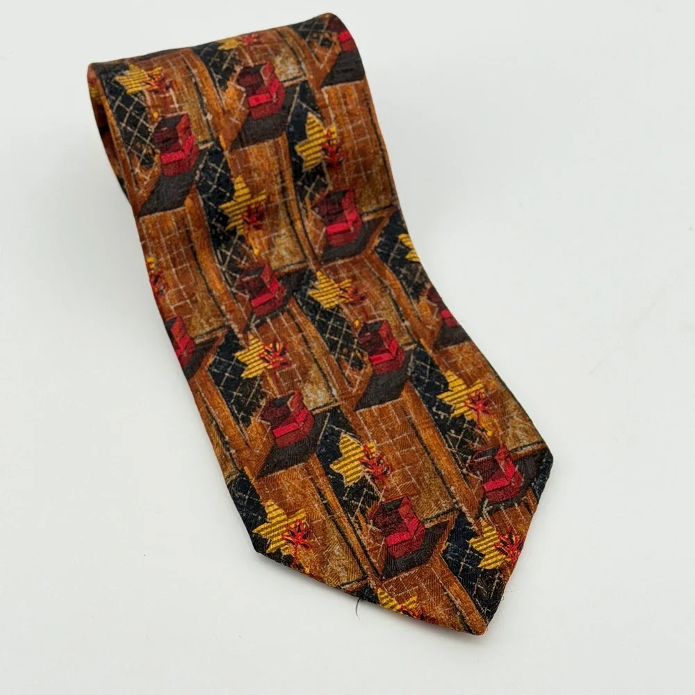 Ermenegildo Zegna Mens Silk‎ Tie Brown Red Abstract Geometric Made in Italy